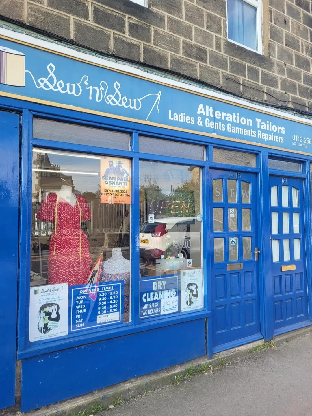 The blue Sew n Sew alteration tailors shop at 161B New Road Side, Horsforth